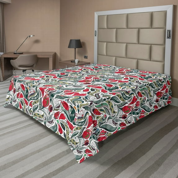 Ambesonne Retro Flat Sheet, Colored Boho Flowers Leaf, California King, Grey and Hot Pink