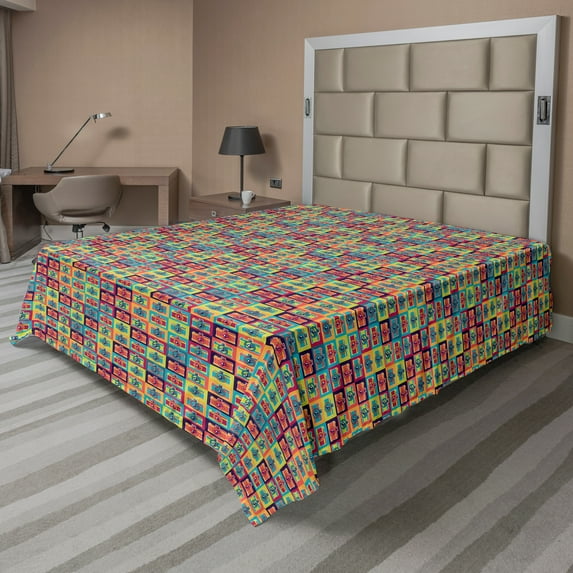 Ambesonne Retro Flat Sheet, Colorful Cameras in Squares, Full Size, Multicolor