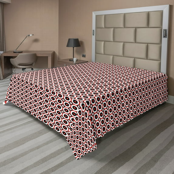 Ambesonne Retro Flat Sheet, Concentric Tricolor Rounds, Full Size, Vermilion Charcoal Grey