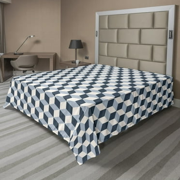 Ambesonne Retro Flat Sheet, Cubes Squares 3D Style, Queen Size, Blue Pale Blue White