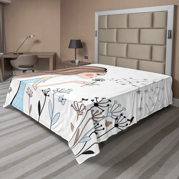 Ambesonne Retro Flat Sheet, Dandelion Flower Spring, Full Size, Warm Taupe and Blue