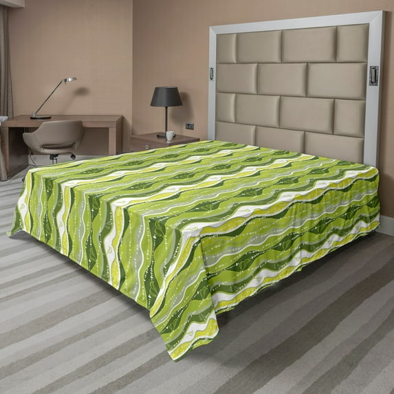 Ambesonne Retro Flat Sheet, Digital Leaf Floral Lines, California King, Green
