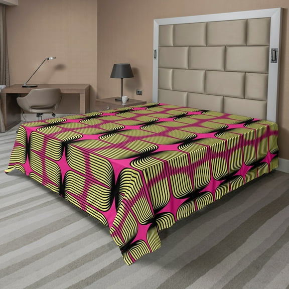 Ambesonne Retro Flat Sheet, Disco Style Plopping Stripes, Queen Size, Hot Pink and Cream