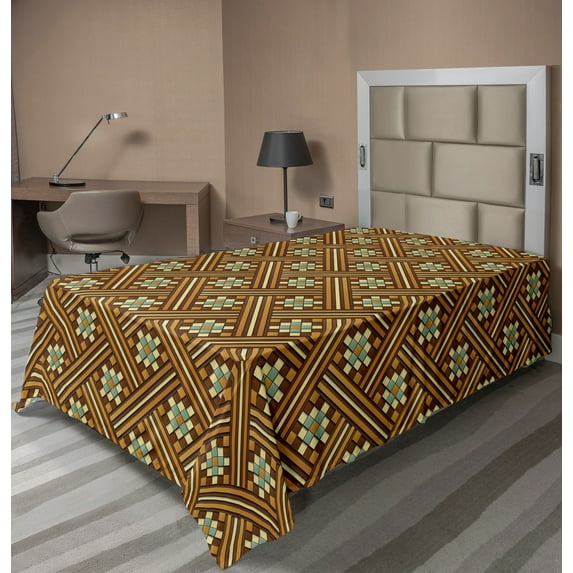 Ambesonne Retro Flat Sheet, Earth Tones Bars and Squares, TwinXL Size, Chocolate and Cadet Blue