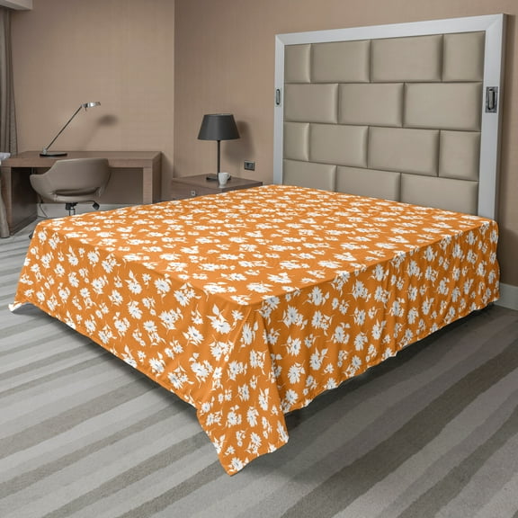 Ambesonne Retro Flat Sheet, Floral Botany Arrangement, California King, Dark Orange Grey White