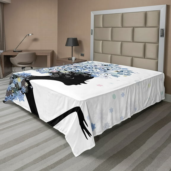 Ambesonne Retro Flat Sheet, Flower Haired Snowflakes, Full Size, Slate Blue Black