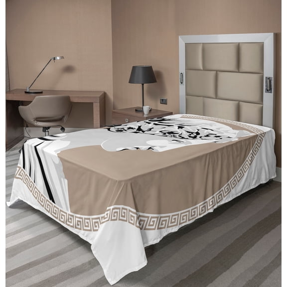 Ambesonne Retro Flat Sheet, Folk, TwinXL Size, Pale Grey Tan