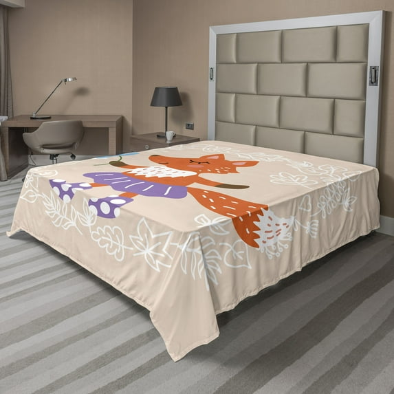 Ambesonne Retro Flat Sheet, Fox with Clothing Flowers, Full Size, Multicolor