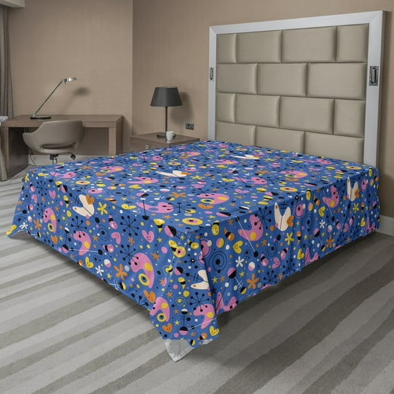 Ambesonne Retro Flat Sheet, Funky Abstract Cartoon, King Size, Multicolor