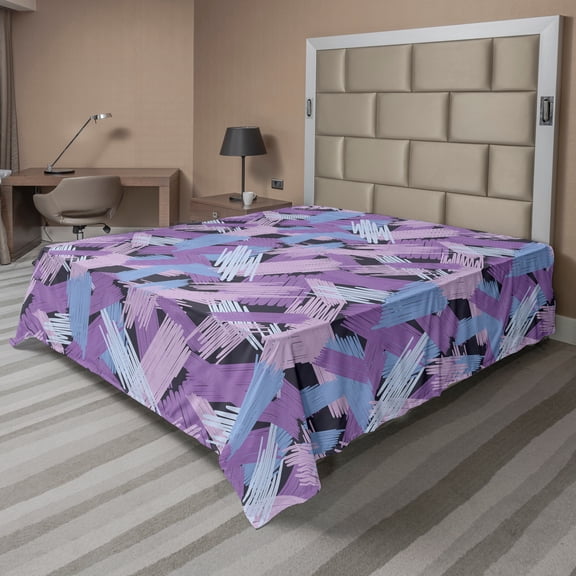 Ambesonne Retro Flat Sheet, Funky Hatched Doodle Drawn, California King, Dark Grey Violet and Sky Blue