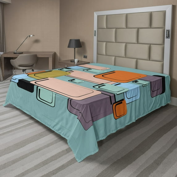 Ambesonne Retro Flat Sheet, Geometric Rectangle Forms, California King, Multicolor