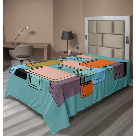 Ambesonne Retro Flat Sheet, Geometric Rectangle Forms, Twin Size, Multicolor