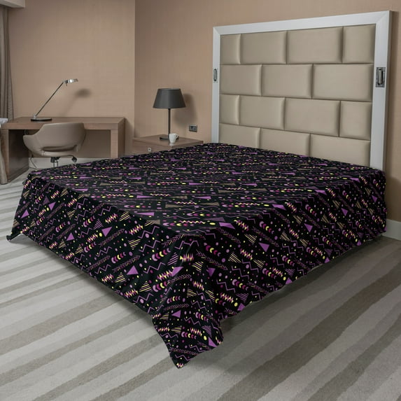 Ambesonne Retro Flat Sheet, Geometrical Memphis Style, California King, Purple Pale Yellow Black