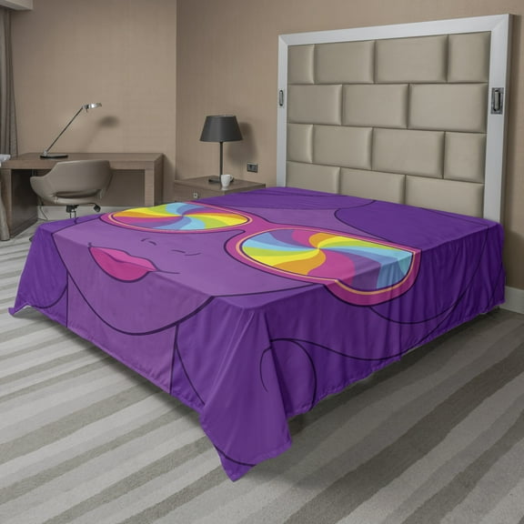 Ambesonne Retro Flat Sheet, Girl with Rainbow Sunglasses, California King, Violet and Multicolor