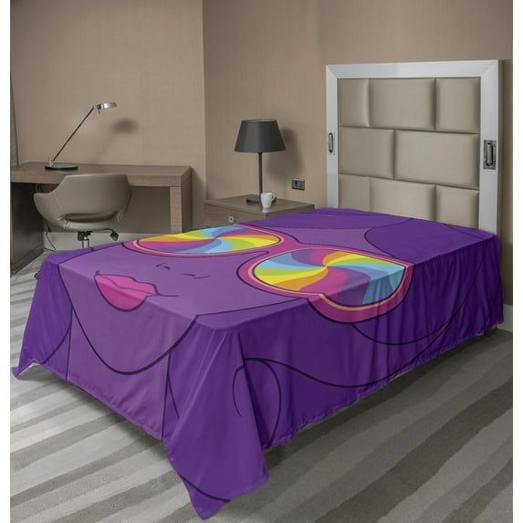 Ambesonne Retro Flat Sheet, Girl with Rainbow Sunglasses, TwinXL Size, Violet and Multicolor