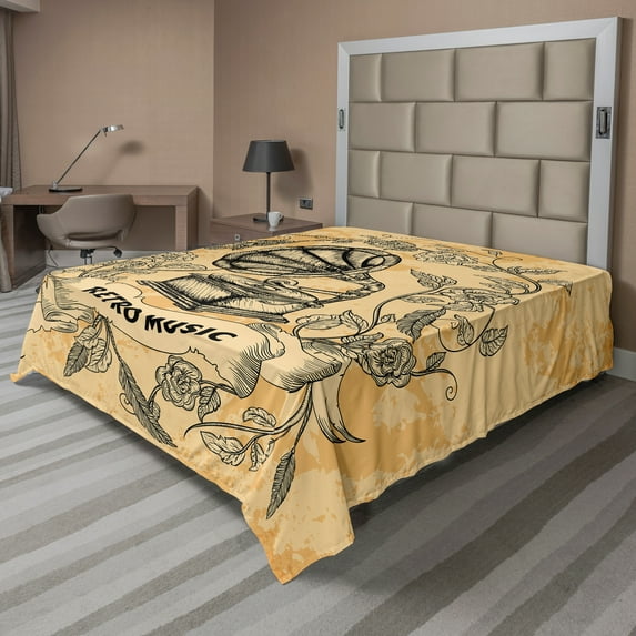 Ambesonne Retro Flat Sheet, Gramophone Rose Petals, Queen Size, Orange Black