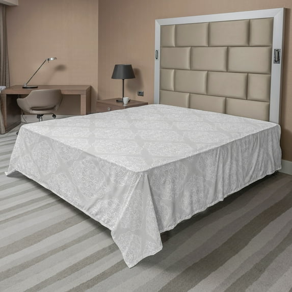 Ambesonne Retro Flat Sheet, Grey Curlicue Floral Ornament, King Size, Pale Grey and White