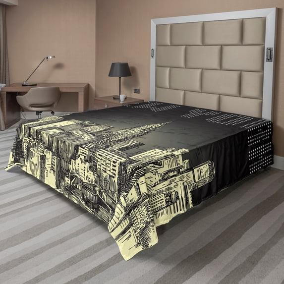 Ambesonne Retro Flat Sheet, Grunge Design NYC Creamy Art, Full Size, Yellow Grey