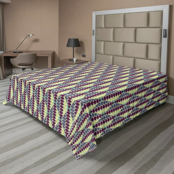 Ambesonne Retro Flat Sheet, Hexagon Rhombus Dots Forms, King Size, Pale Yellow Cadet Blue