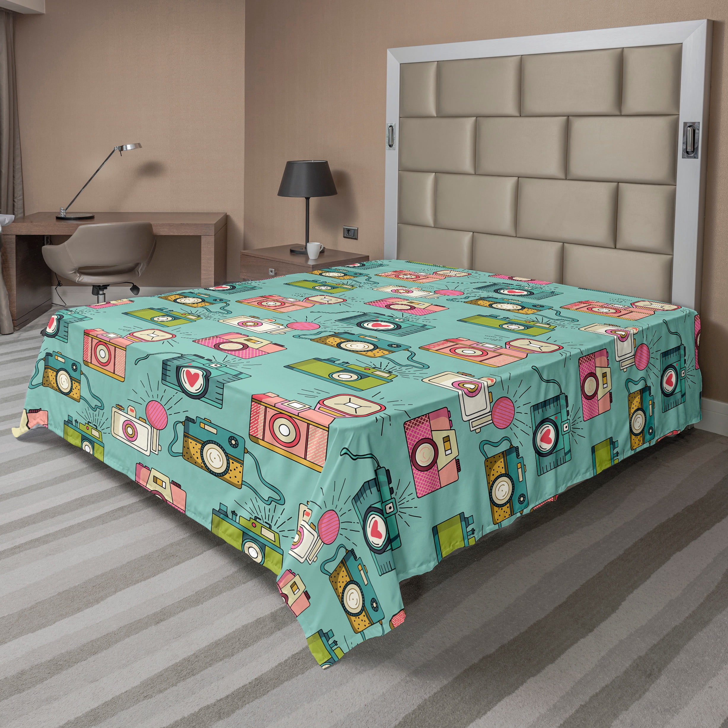 Ambesonne Retro Flat Sheet, Hipster Photo Cameras, Full Size, Multicolor