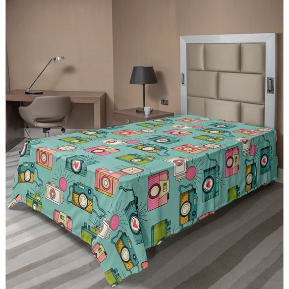 Ambesonne Retro Flat Sheet, Hipster Photo Cameras, TwinXL Size, Multicolor