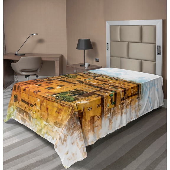 Ambesonne Retro Flat Sheet, Historic Italian Town, TwinXL Size, Orange White