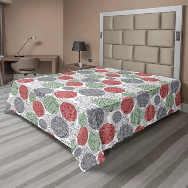 Ambesonne Retro Flat Sheet, Knitting Balls Vintage, King Size, Coral Grey Reseda Green