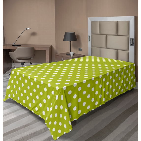 Ambesonne Retro Flat Sheet, Lime Vintage Polka Dots, Twin Size, Lime Green and White