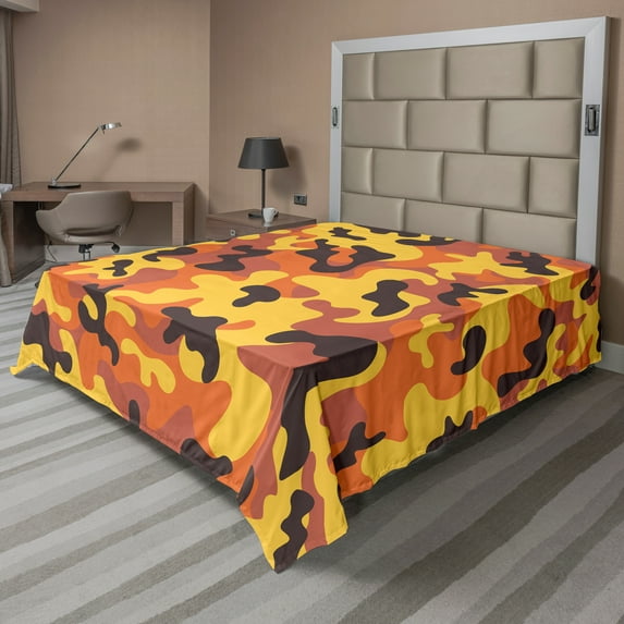 Ambesonne Retro Flat Sheet, Lively Colorful Camo Print, California King, Dried Rose Orange and Yellow