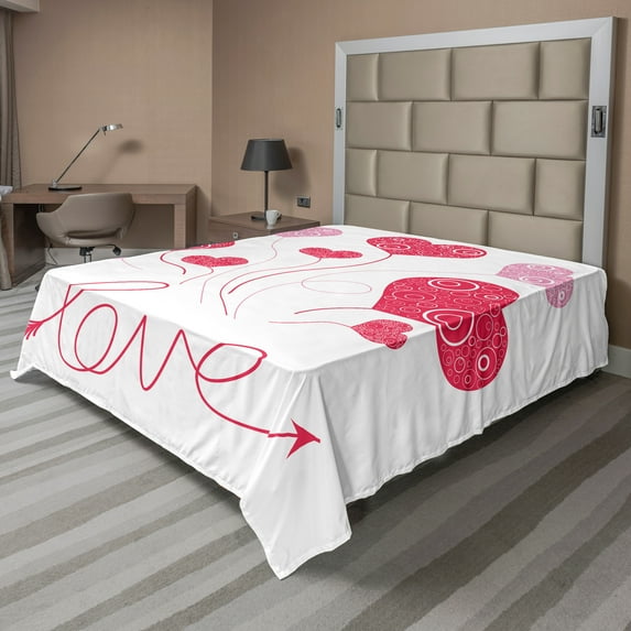 Ambesonne Retro Flat Sheet, Love Heart Balloons, Full Size, Magenta Rose White