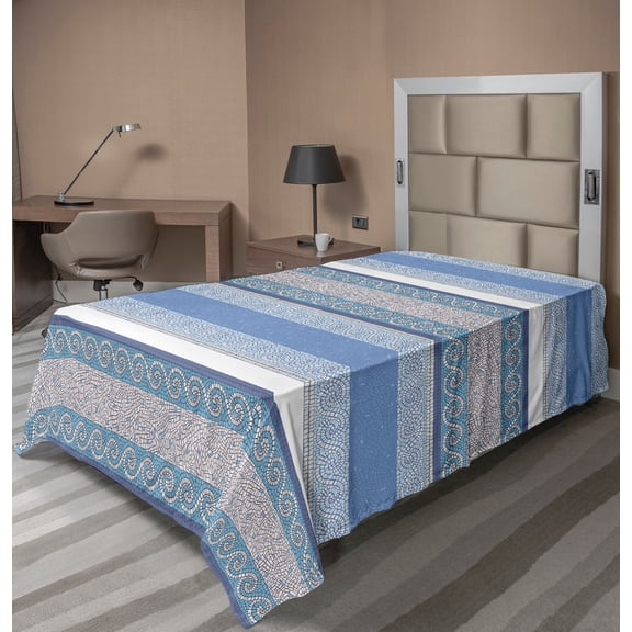Ambesonne Retro Flat Sheet, Mosaic Borders Art, TwinXL Size, Blue White Beige
