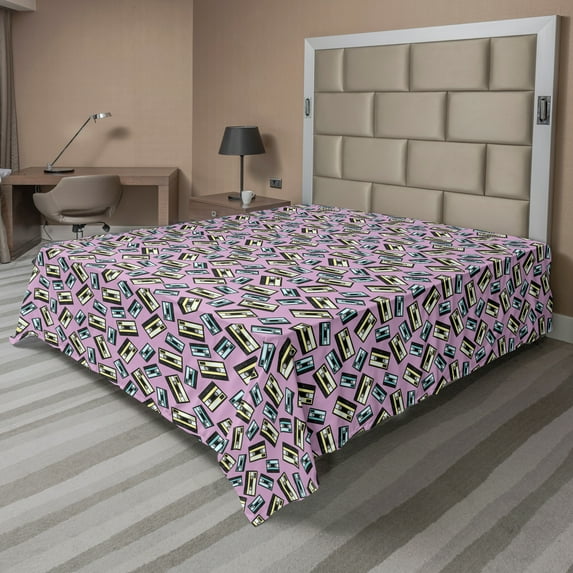 Ambesonne Retro Flat Sheet, Music Cassettes Art Pattern, King Size, Lavender and Multicolor