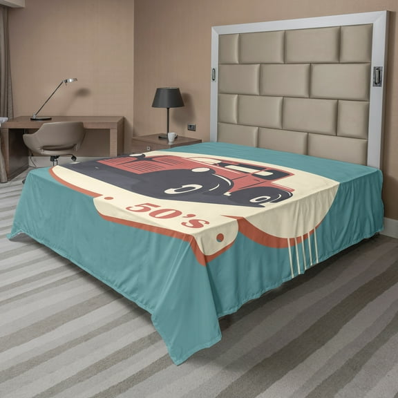 Ambesonne Retro Flat Sheet, Nostalgic Antique Vehicle, Full Size, Red Yellow Teal