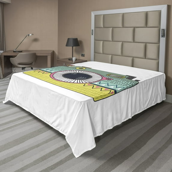 Ambesonne Retro Flat Sheet, Nostalgic Photo Camera, California King, Multicolor