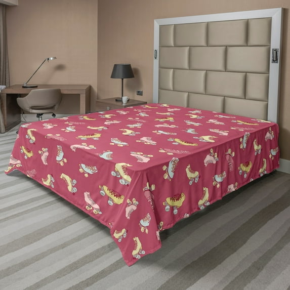 Ambesonne Retro Flat Sheet, Nostalgic Roller Skates Art, Queen Size, Dried Rose Multicolor