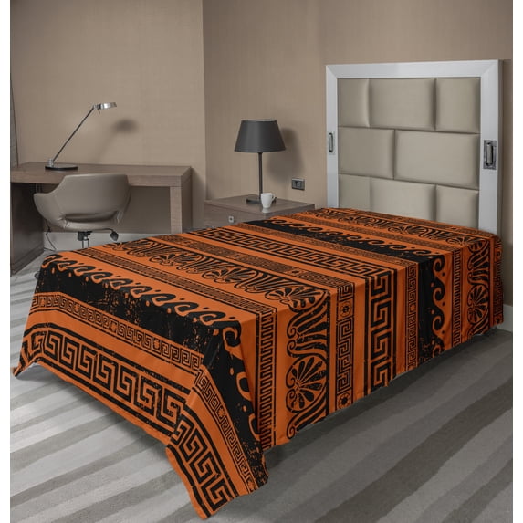 Ambesonne Retro Flat Sheet, Old Border Ornaments, Twin Size, Orange Black