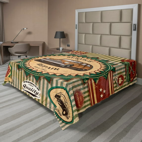 Ambesonne Retro Flat Sheet, Old Sixties Car Pop Art, California King, Green Red Cream