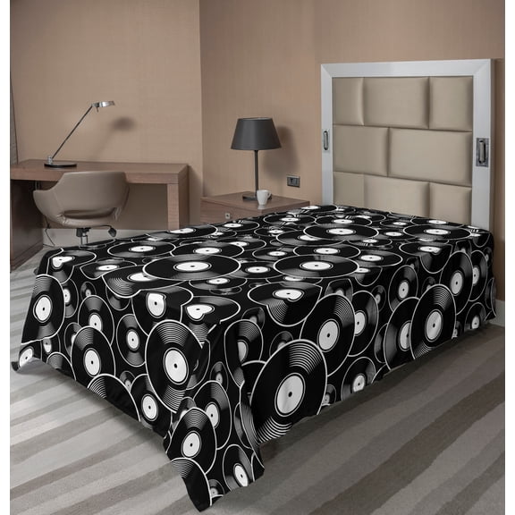 Ambesonne Retro Flat Sheet, Old Time Records Music Discs, TwinXL Size, Charcoal Grey White