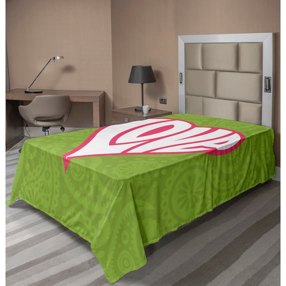Ambesonne Retro Flat Sheet, Paisley Love Nutrient, TwinXL Size, Green White Pink