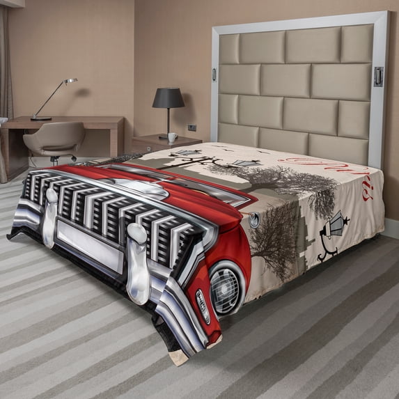 Ambesonne Retro Flat Sheet, Parisian City Scenery Car Art, California King, Cream Grey Red