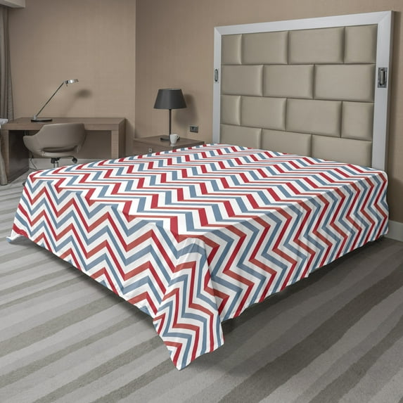 Ambesonne Retro Flat Sheet, Pastel Zig Zag Pattern, Full Size, Pale Blue Red and White