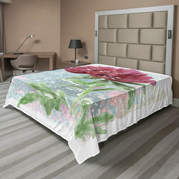 Ambesonne Retro Flat Sheet, Peony Blossoms Growth, King Size, Fern Green Pale Blue