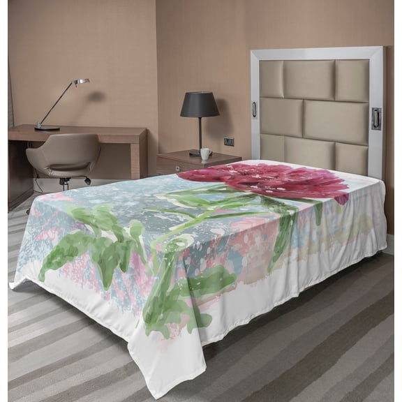 Ambesonne Retro Flat Sheet, Peony Blossoms Growth, Twin Size, Fern Green Pale Blue