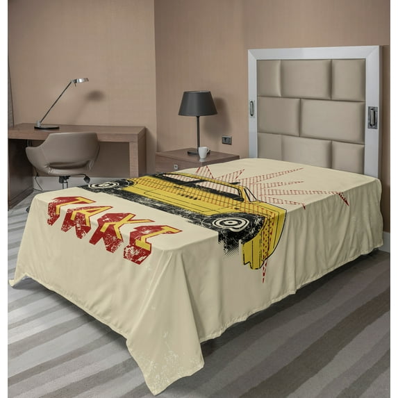Ambesonne Retro Flat Sheet, Pop Art Taxi Cab Vintage, TwinXL Size, Beige Yellow Ruby