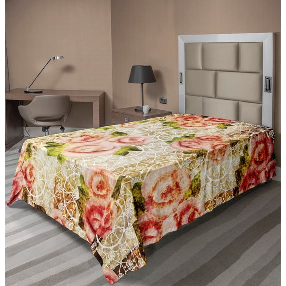 Ambesonne Retro Flat Sheet, Psychedelic Floral Motif, Twin Size, Pink Green Cream