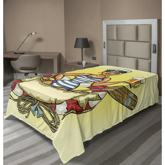 Ambesonne Retro Flat Sheet, Sailor Lady in American Trad, Twin Size, Multicolor