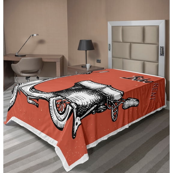 Ambesonne Retro Flat Sheet, Scooter Bicycle Sign, Twin Size, Red Black White