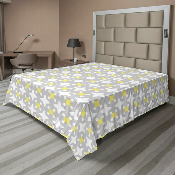 Ambesonne Retro Flat Sheet, Star Shapes Dots, King Size, Pale Yellow Warm Taupe
