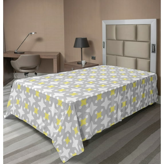 Ambesonne Retro Flat Sheet, Star Shapes Dots, TwinXL Size, Pale Yellow Warm Taupe