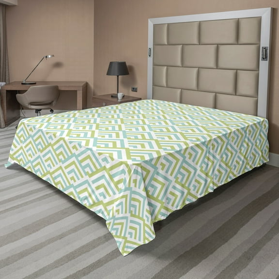 Ambesonne Retro Flat Sheet, Striped Halved Rhombus Motif, Queen Size, Seafoam Avocado Green
